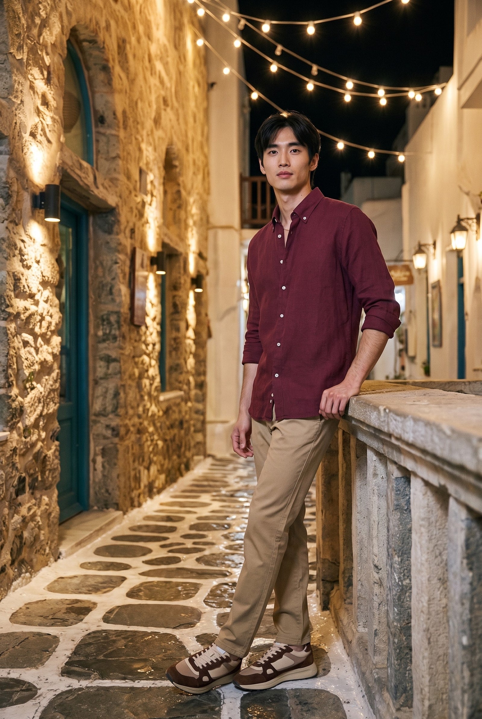 Look #1031 styled with Pantalones chinos de lino color caqui para hombre, confeccionados en una fina mezcla de lino y algodón Tencel, ideales para el verano.