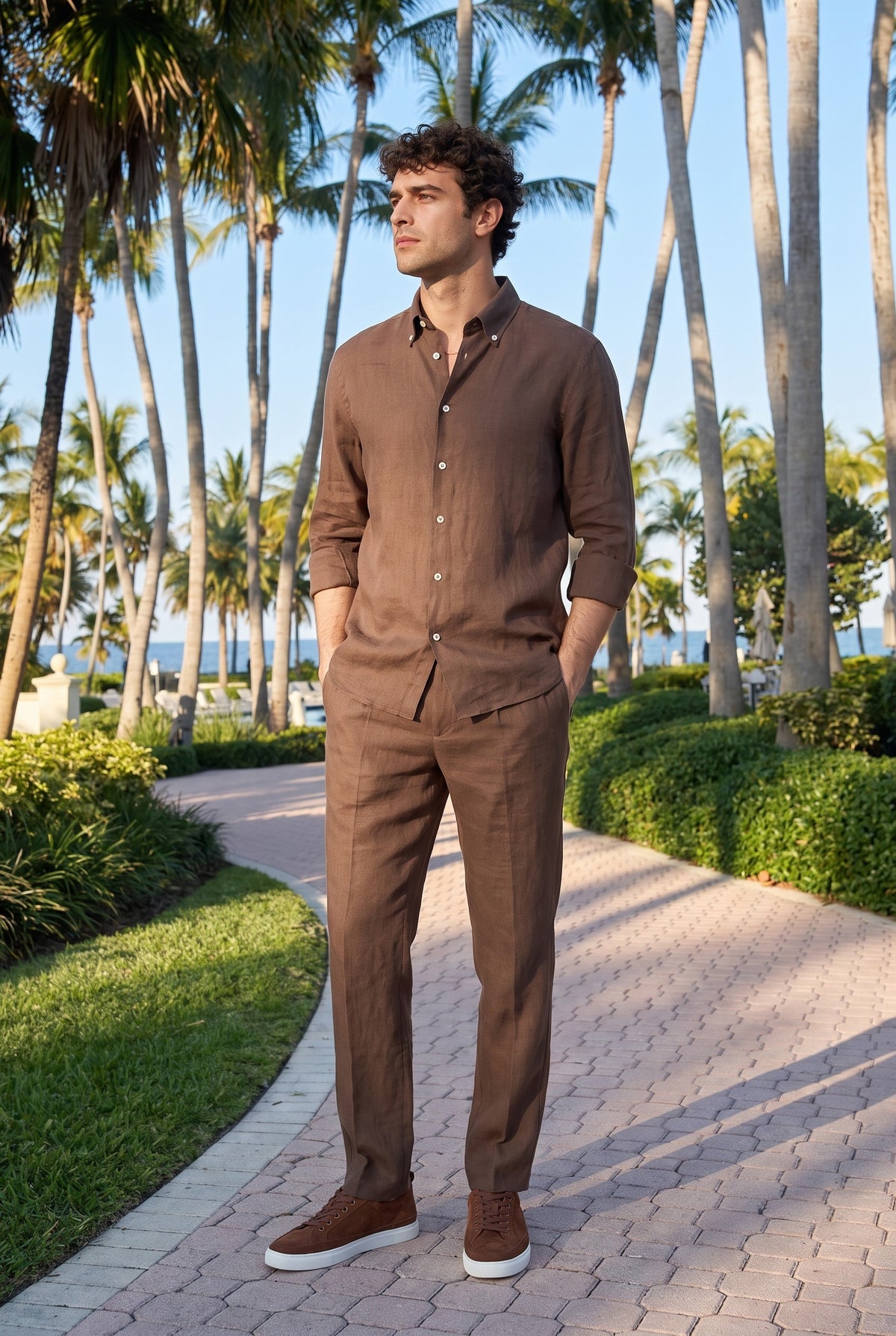 Look #872 styled with Camisa de hombre de lino puro color marrón oscuro, manga larga, con botones, ideal para el verano.