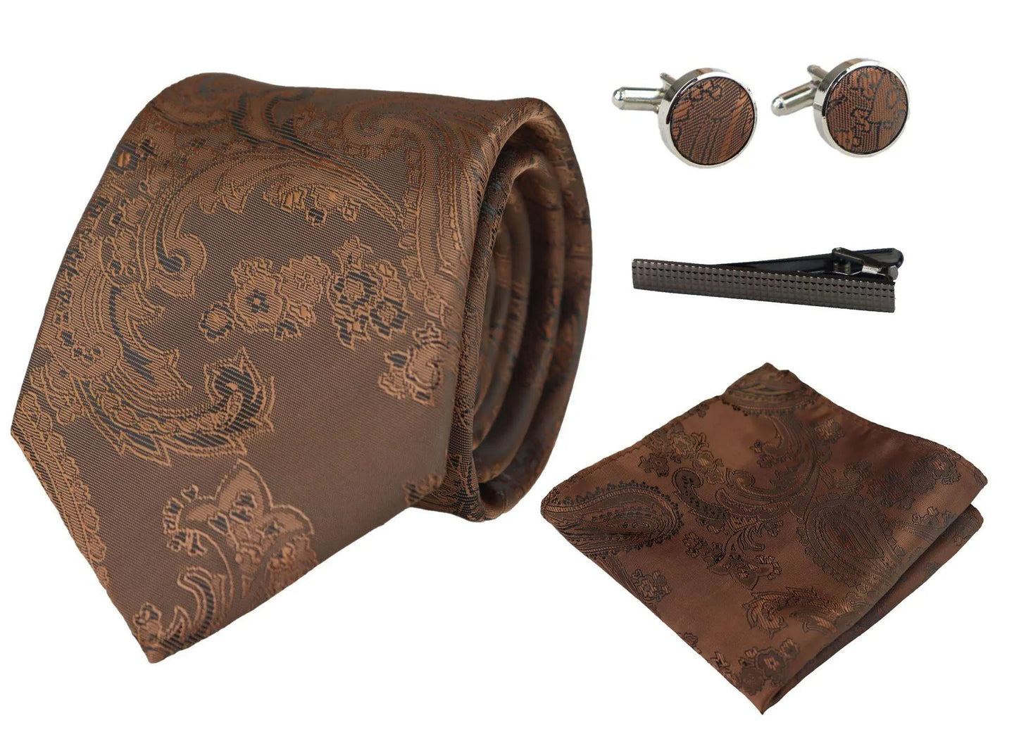 Conjunto de regalo de corbata marrón con cuello estampado paisley, pañuelo de bolsillo, gemelos y corbata de satén floral.