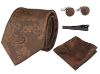 Conjunto de regalo de corbata marrón con cuello estampado paisley, pañuelo de bolsillo, gemelos y corbata de satén floral.