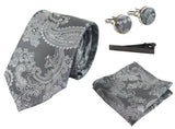Conjunto de regalo de corbata gris con estampado paisley, pañuelo de bolsillo, gemelos y corbata de satén floral.