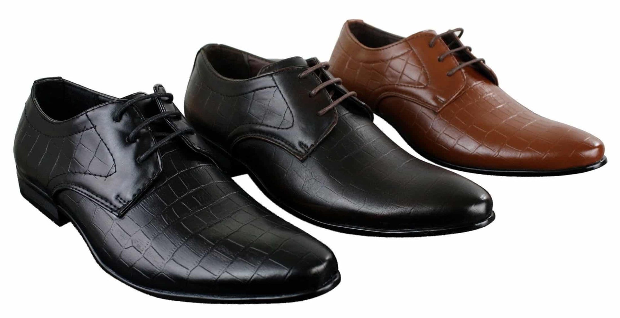 Zapatos de hombre de piel sintética con cordones, de color negro, marrón y cocodrilo, con punta elegante.