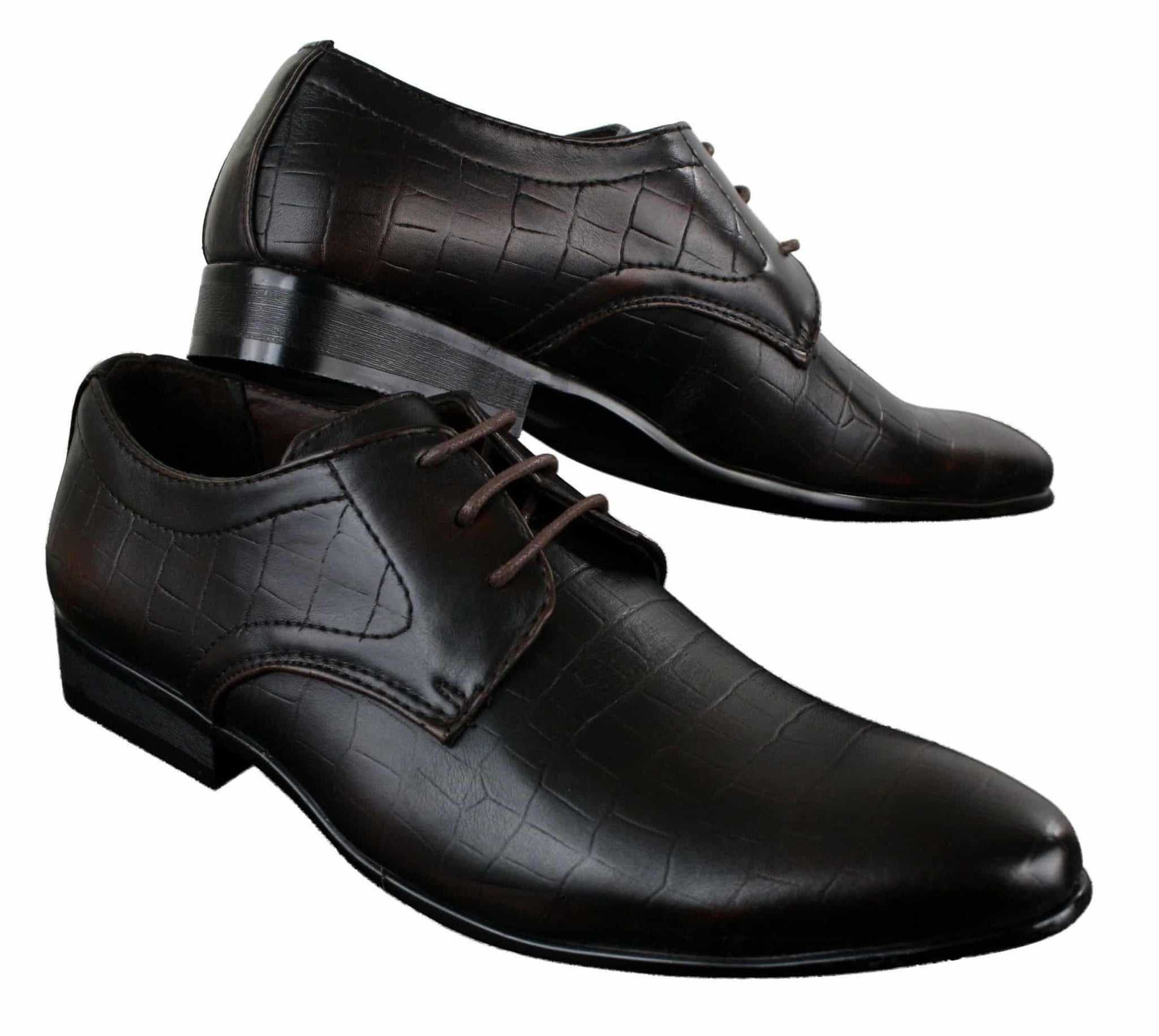 Zapatos de hombre de piel sintética con cordones, de color negro, marrón y cocodrilo, con punta elegante.