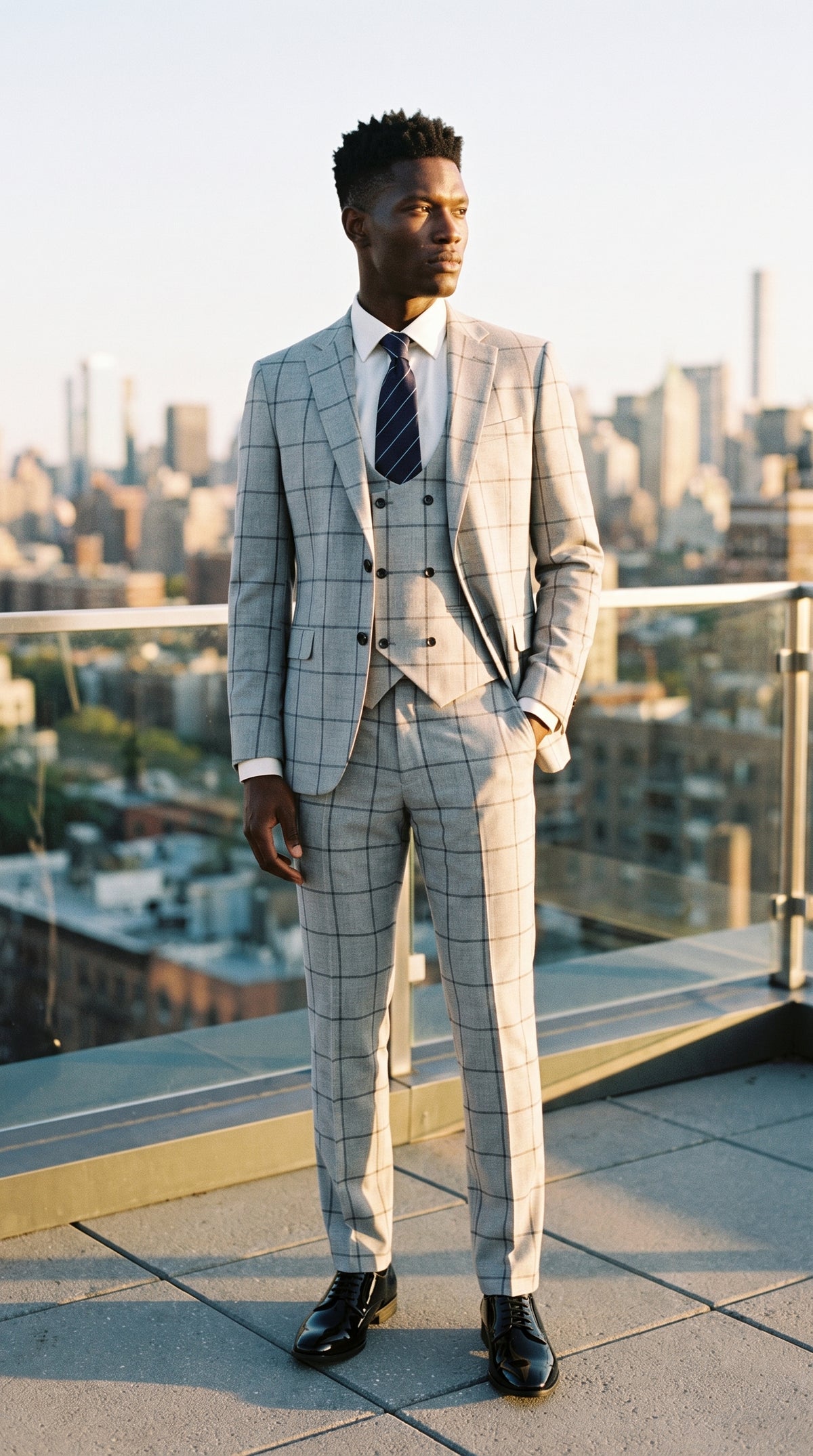 Look #332 styled with Traje de tres piezas a cuadros gris claro
