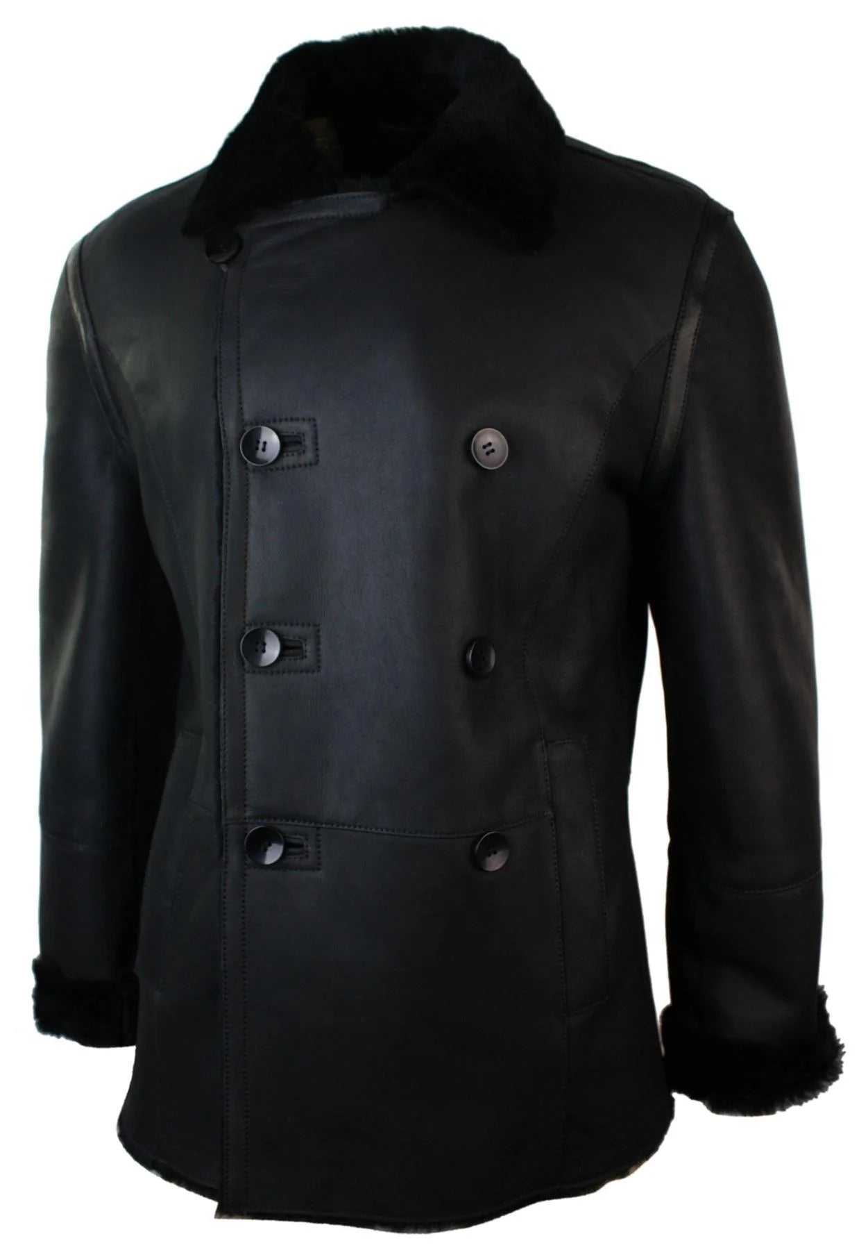 Chaqueta cruzada de piel de oveja auténtica de la Marina Real Alemana para hombre, color negro, entallada.
