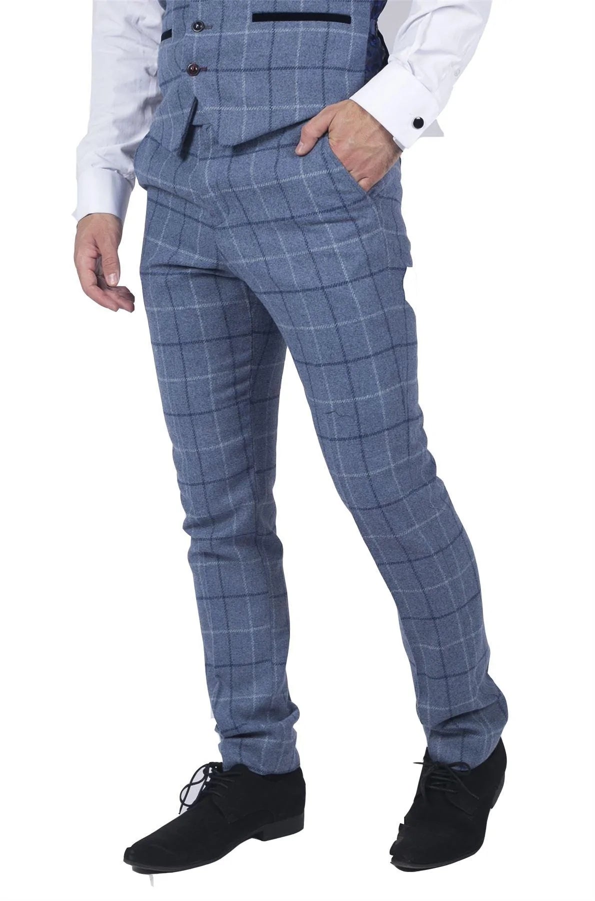 Pantalones de hombre Marc Darcy azul claro a cuadros azul marino, estilo casual elegante, tweed, corte ajustado Clinton