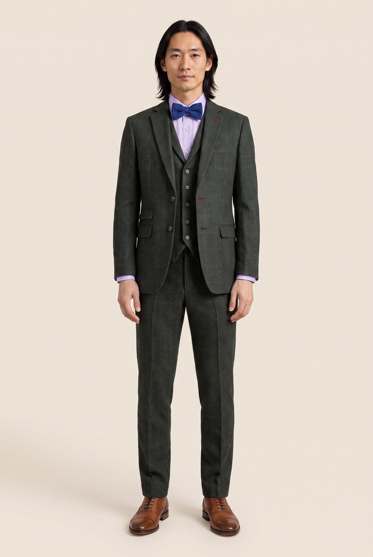 Look #1003 styled with Traje de tres piezas de tweed verde de corte ajustado para hombre Joshua