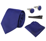Conjunto de regalo de corbata azul texturizada de seda satinada con pañuelo de bolsillo, gemelos y corbata de satén mate.