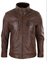 Chaqueta de hombre de cuero auténtico con cuello alto - Marrón