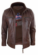 Chaqueta de hombre de cuero auténtico con cuello alto - Marrón