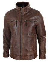 Chaqueta de hombre de cuero auténtico con cuello alto - Marrón
