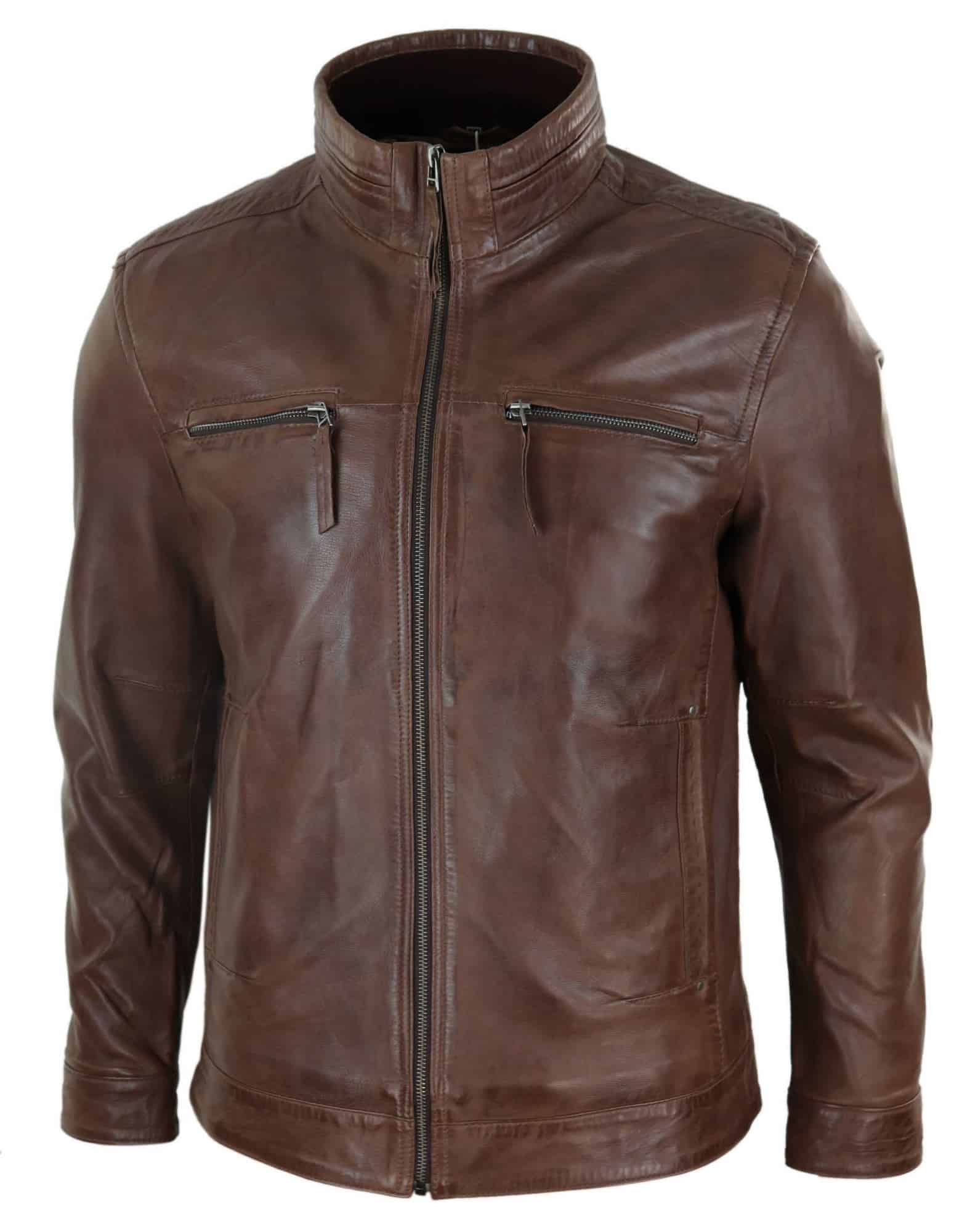 Chaqueta de hombre de cuero auténtico con cuello alto - Marrón