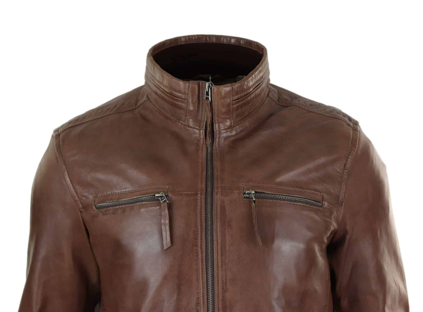 Chaqueta de hombre de cuero auténtico con cuello alto - Marrón