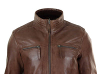 Chaqueta de hombre de cuero auténtico con cuello alto - Marrón