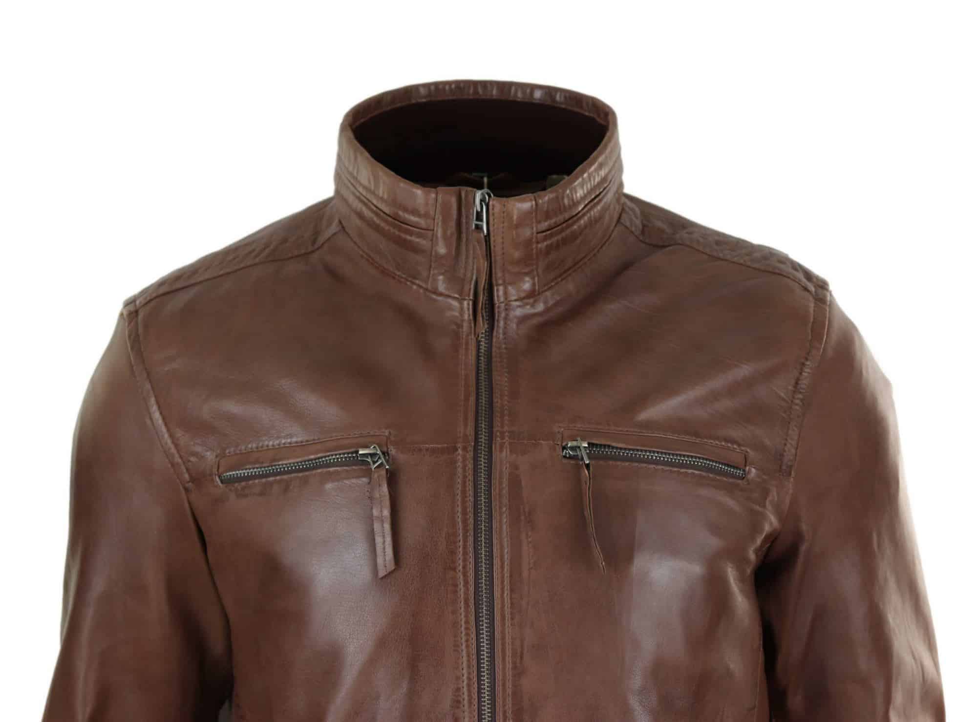 Chaqueta de hombre de cuero auténtico con cuello alto - Marrón
