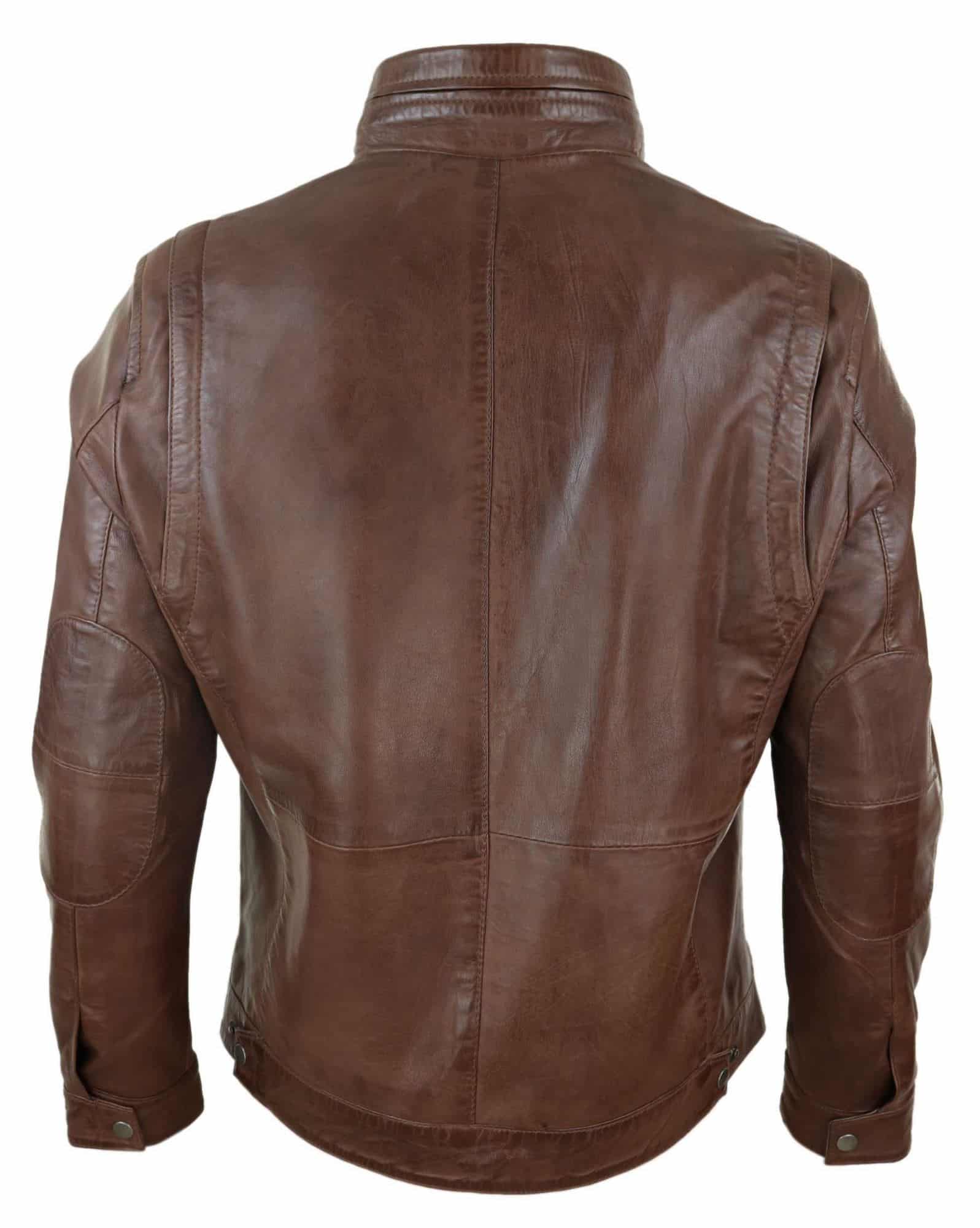 Chaqueta de hombre de cuero auténtico con cuello alto - Marrón