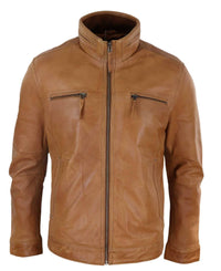Chaqueta de hombre de cuero auténtico con cuello alto - Color tostado