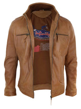 Chaqueta de hombre de cuero auténtico con cuello alto - Color tostado