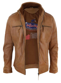 Chaqueta de hombre de cuero auténtico con cuello alto - Color tostado