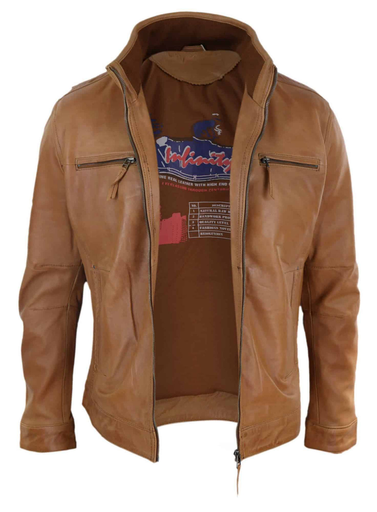Chaqueta de hombre de cuero auténtico con cuello alto - Color tostado