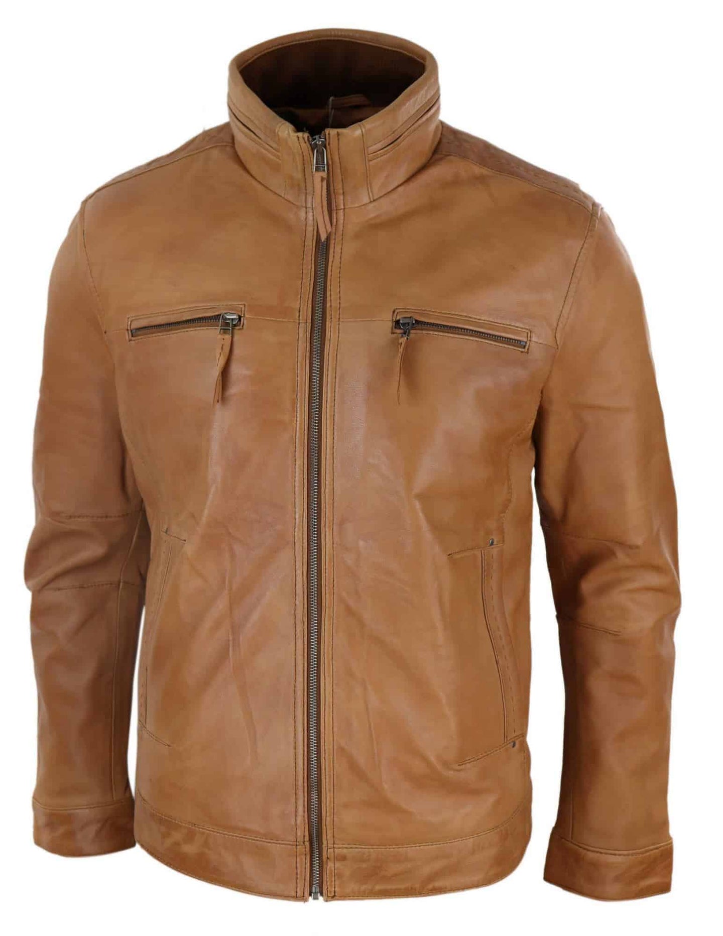 Chaqueta de hombre de cuero auténtico con cuello alto - Color tostado