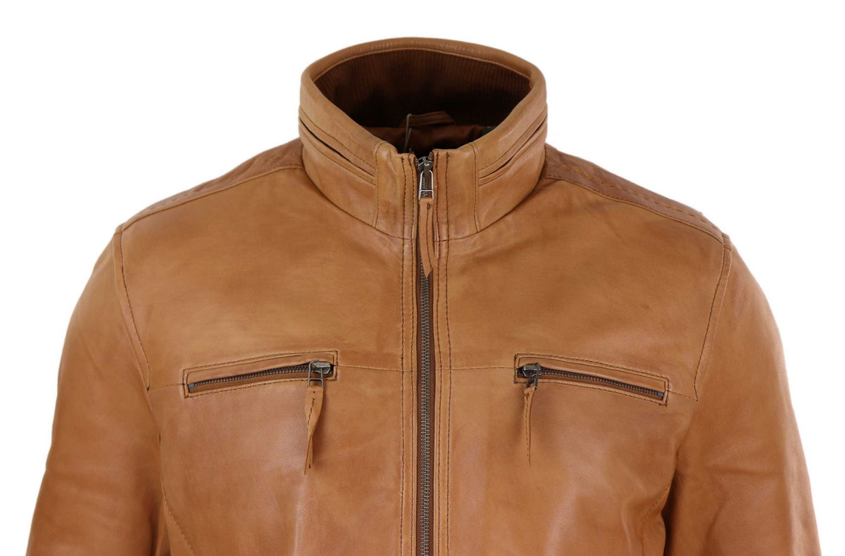 Chaqueta de hombre de cuero auténtico con cuello alto - Color tostado