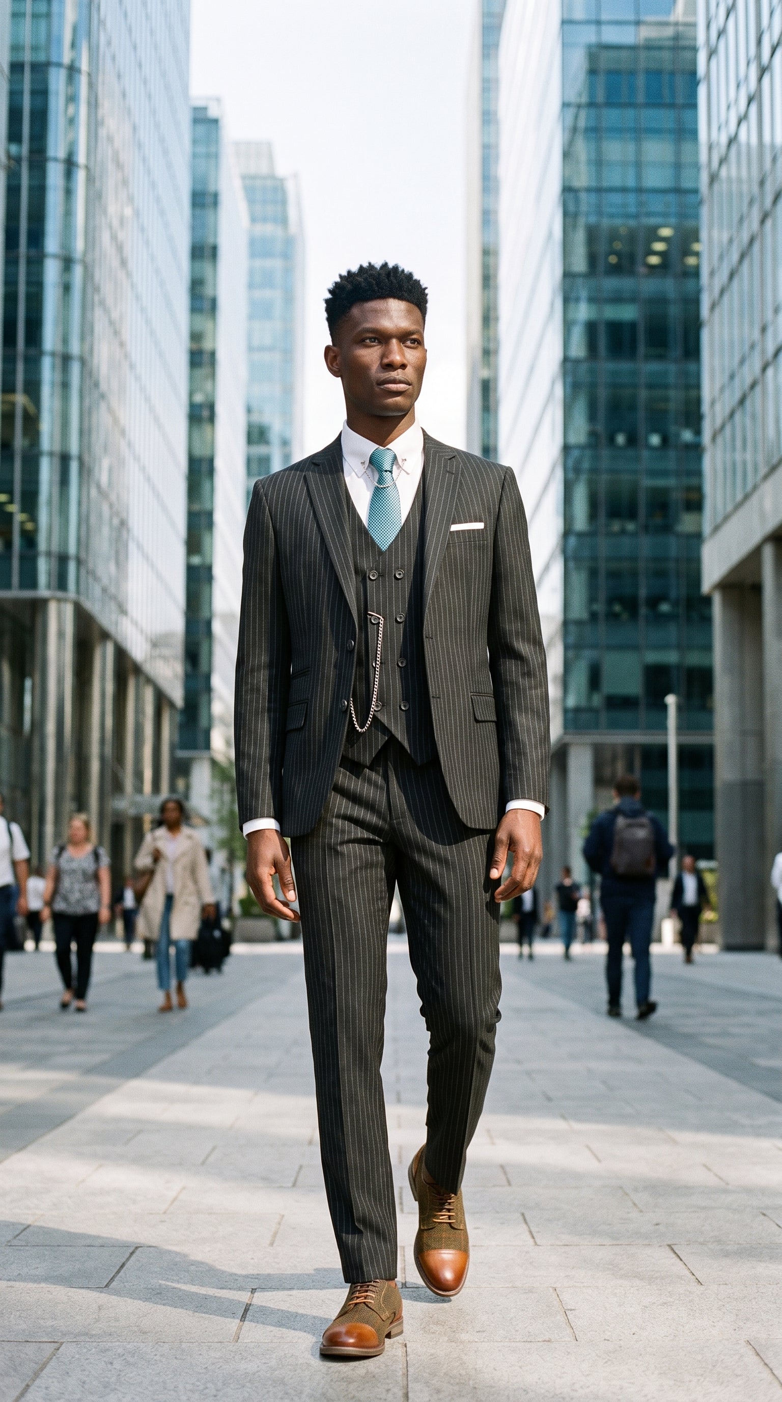 Look #276 styled with Traje de tres piezas negro a rayas para hombre