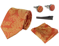 Conjunto de regalo de corbata naranja con estampado paisley, pañuelo de bolsillo, gemelos y corbata de satén floral.
