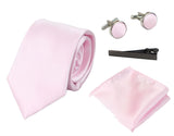 Conjunto de regalo de corbata rosa de seda satinada con pañuelo de bolsillo, gemelos y corbata de satén brillante.