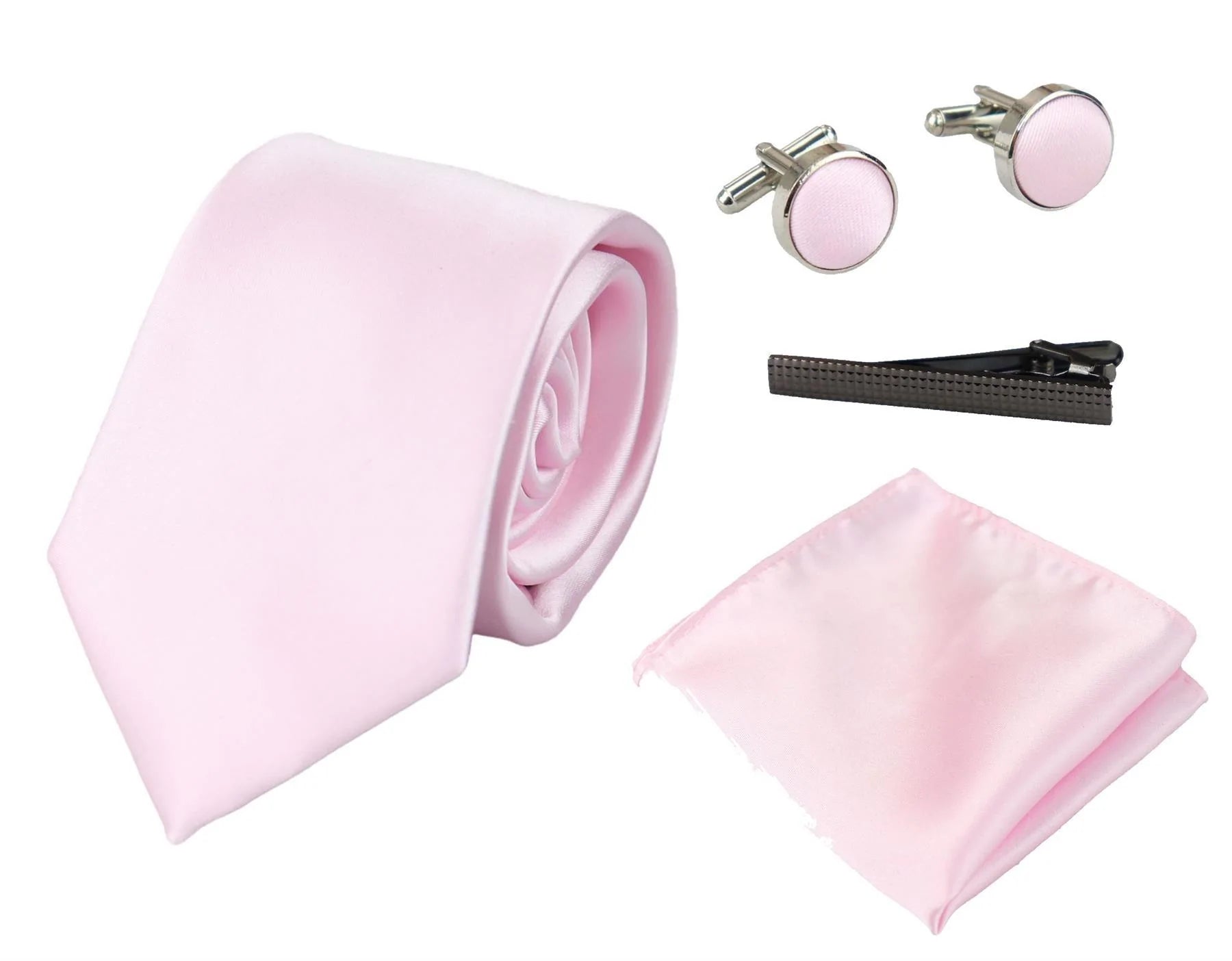Conjunto de regalo de corbata rosa de seda satinada con pañuelo de bolsillo, gemelos y corbata de satén brillante.