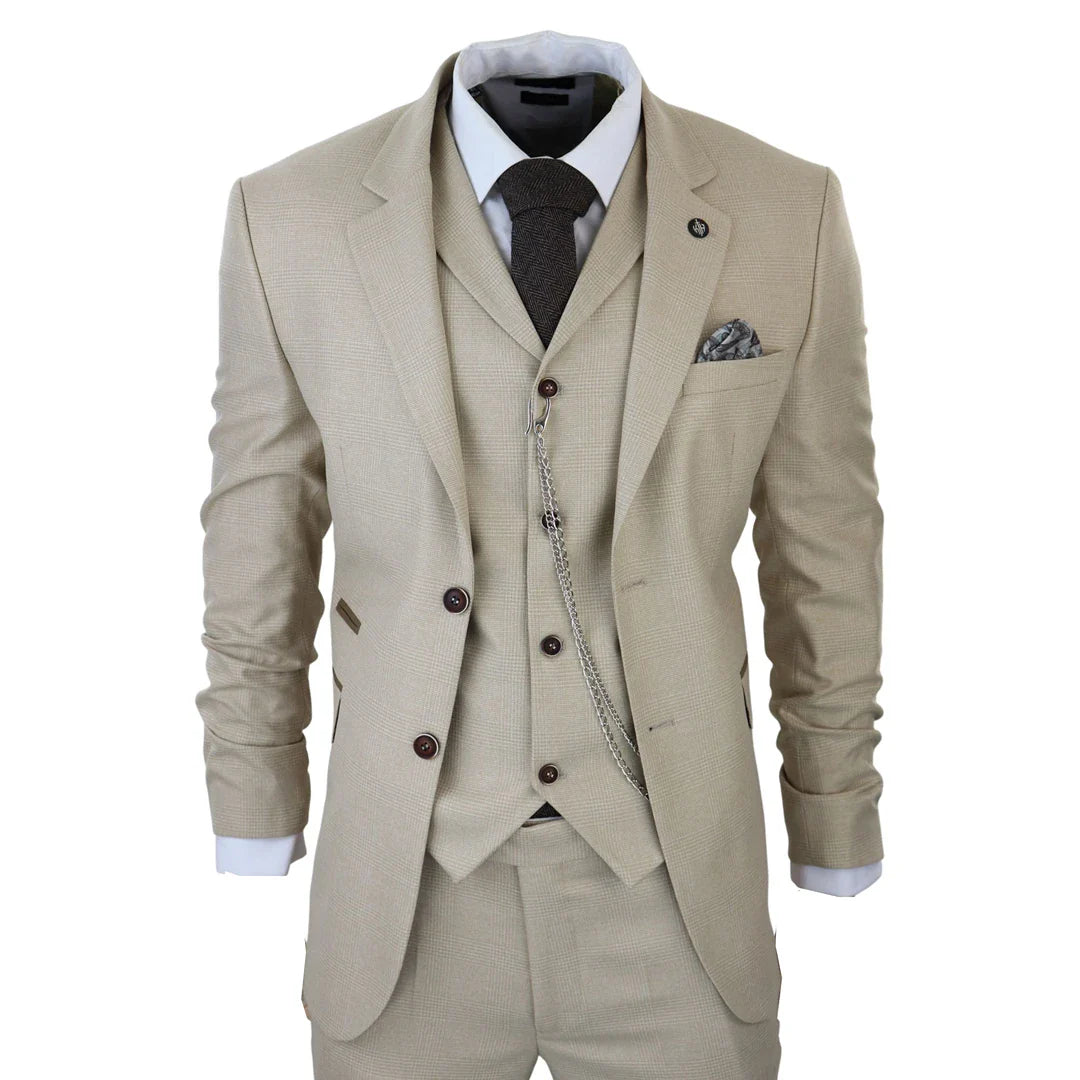 Traje de tres piezas para hombre AK-08, color crema, estampado Príncipe de Gales.