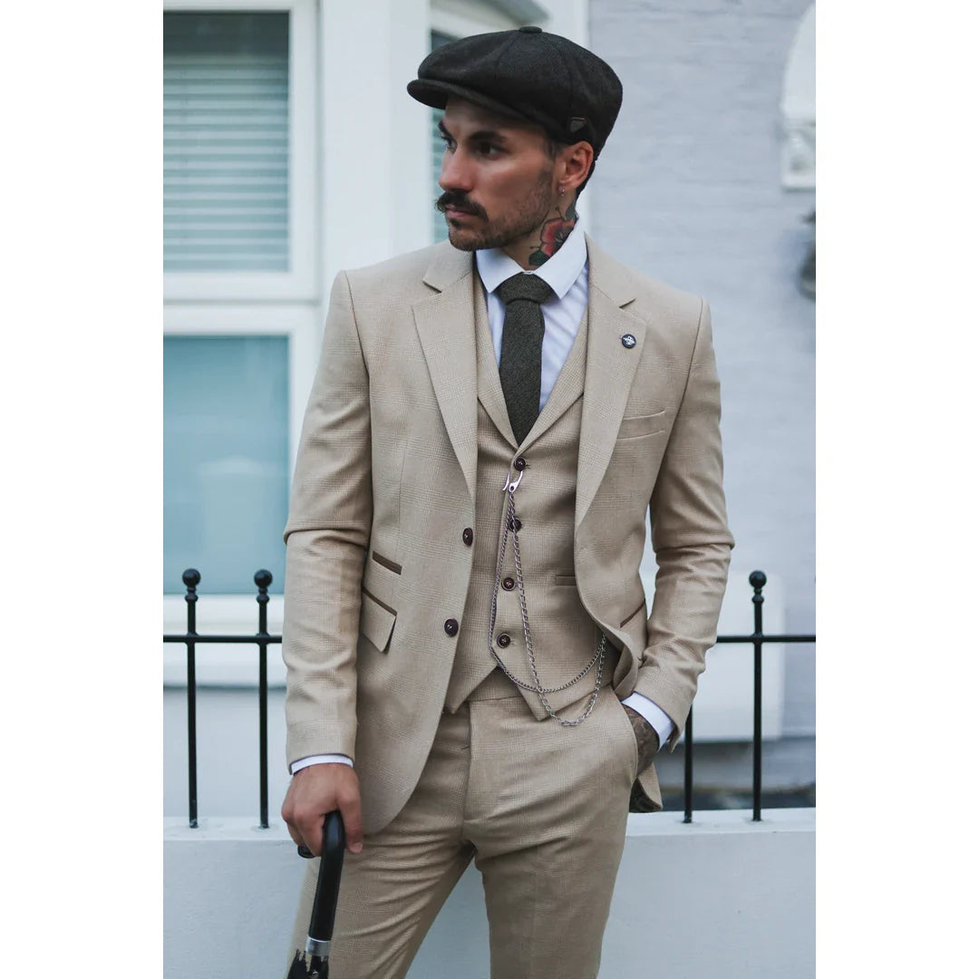 Traje de tres piezas para hombre AK-08, color crema, estampado Príncipe de Gales.