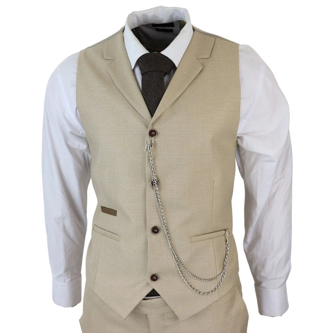Traje de tres piezas para hombre AK-08, color crema, estampado Príncipe de Gales.