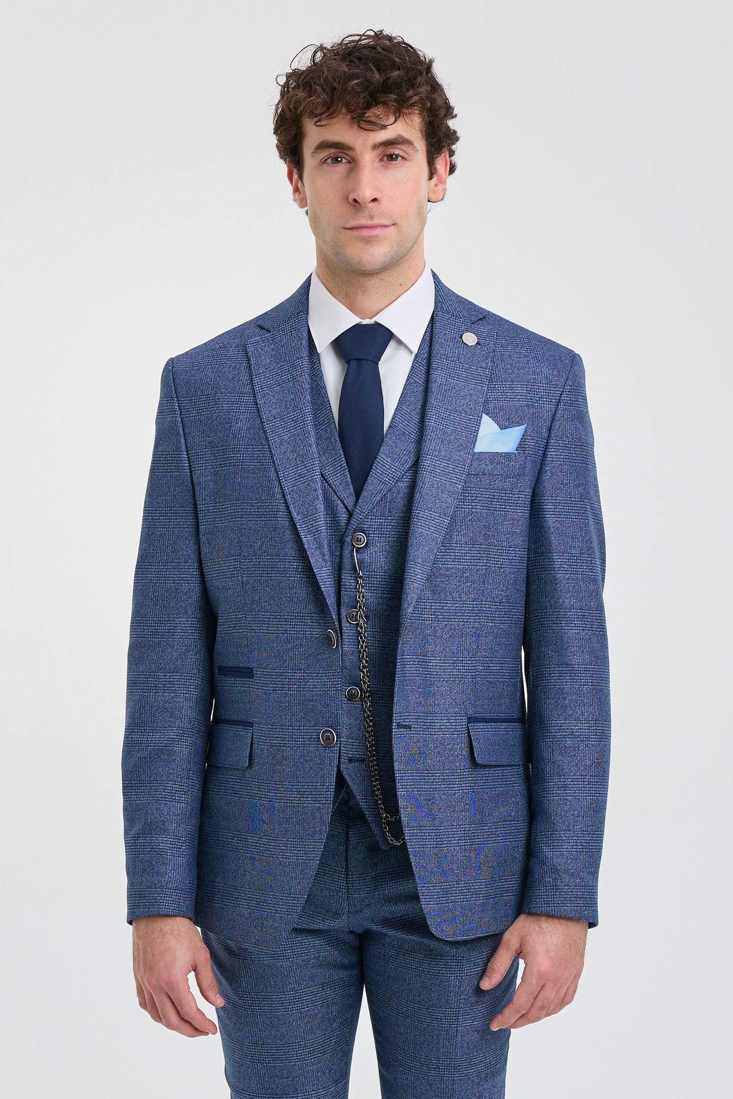 Traje de tres piezas a medida para hombre AK-09, estampado Príncipe de Gales azul.