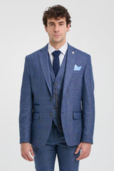 Traje de tres piezas a medida para hombre AK-09, estampado Príncipe de Gales azul.