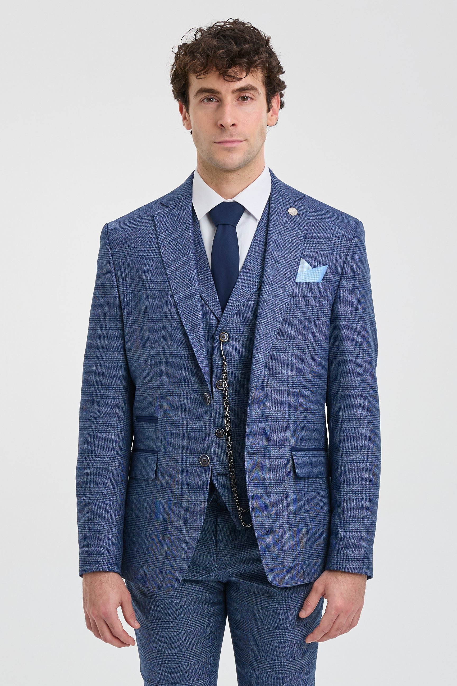 Traje de tres piezas a medida para hombre AK-09, estampado Príncipe de Gales azul.