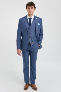 Traje de tres piezas a medida para hombre AK-09, estampado Príncipe de Gales azul.