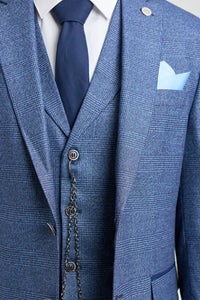 Traje de tres piezas a medida para hombre AK-09, estampado Príncipe de Gales azul.