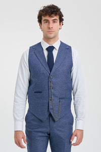 Traje de tres piezas a medida para hombre AK-09, estampado Príncipe de Gales azul.