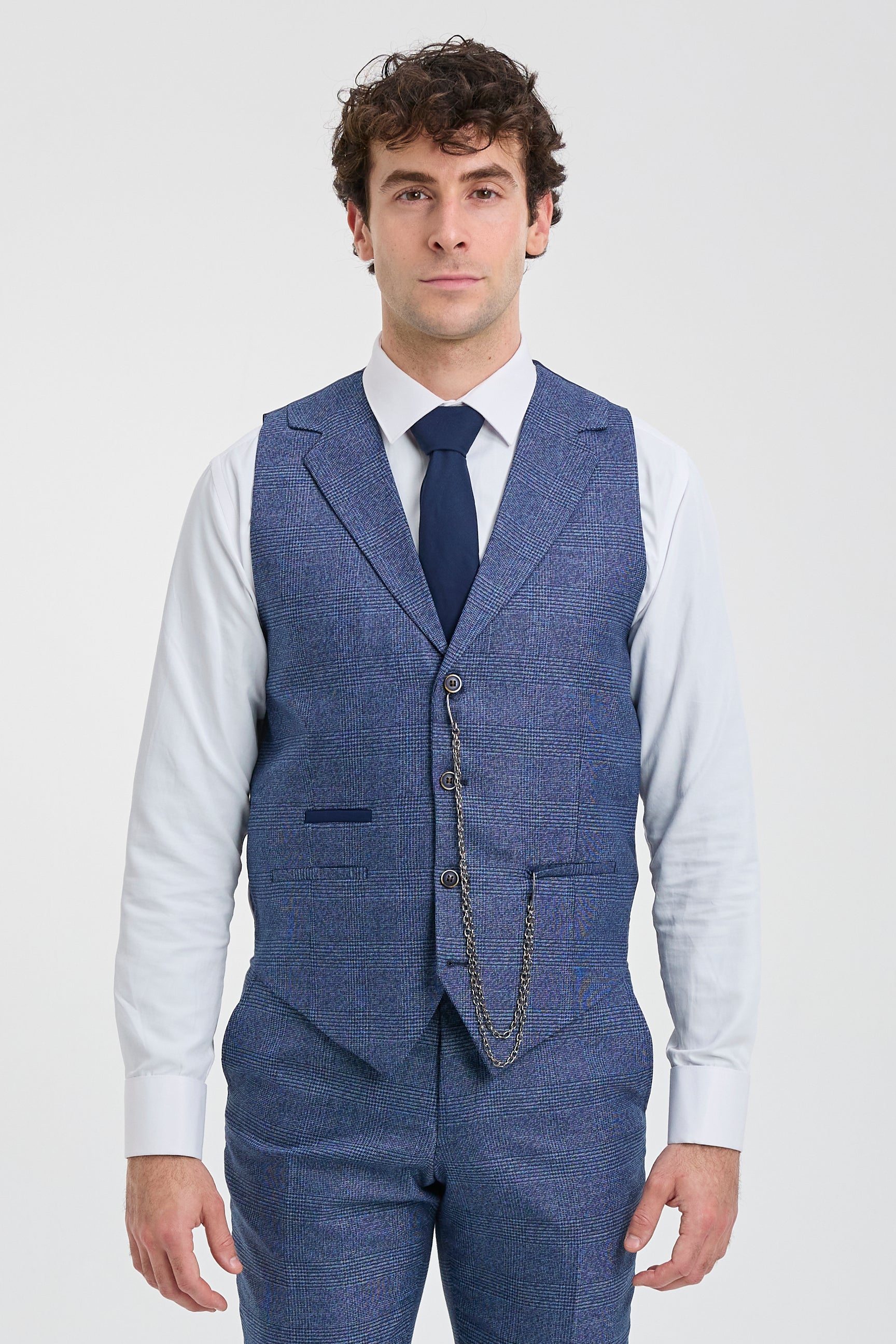 Traje de tres piezas a medida para hombre AK-09, estampado Príncipe de Gales azul.