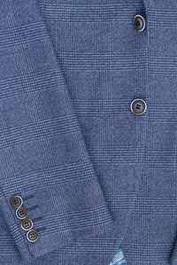 Traje de tres piezas a medida para hombre AK-09, estampado Príncipe de Gales azul.