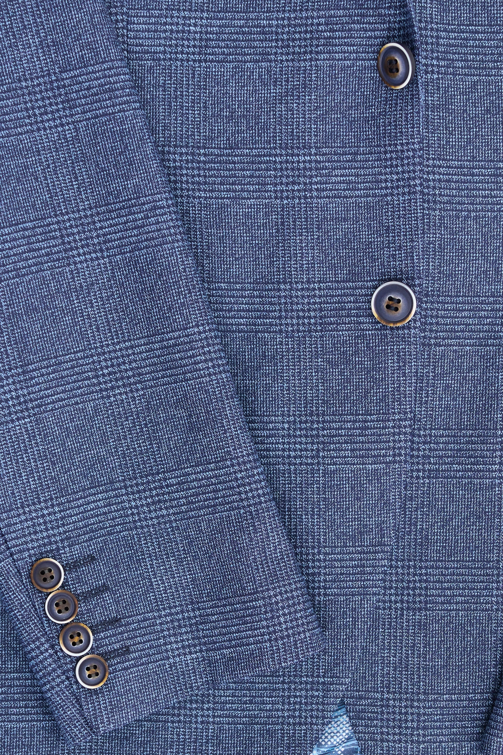 Traje de tres piezas a medida para hombre AK-09, estampado Príncipe de Gales azul.