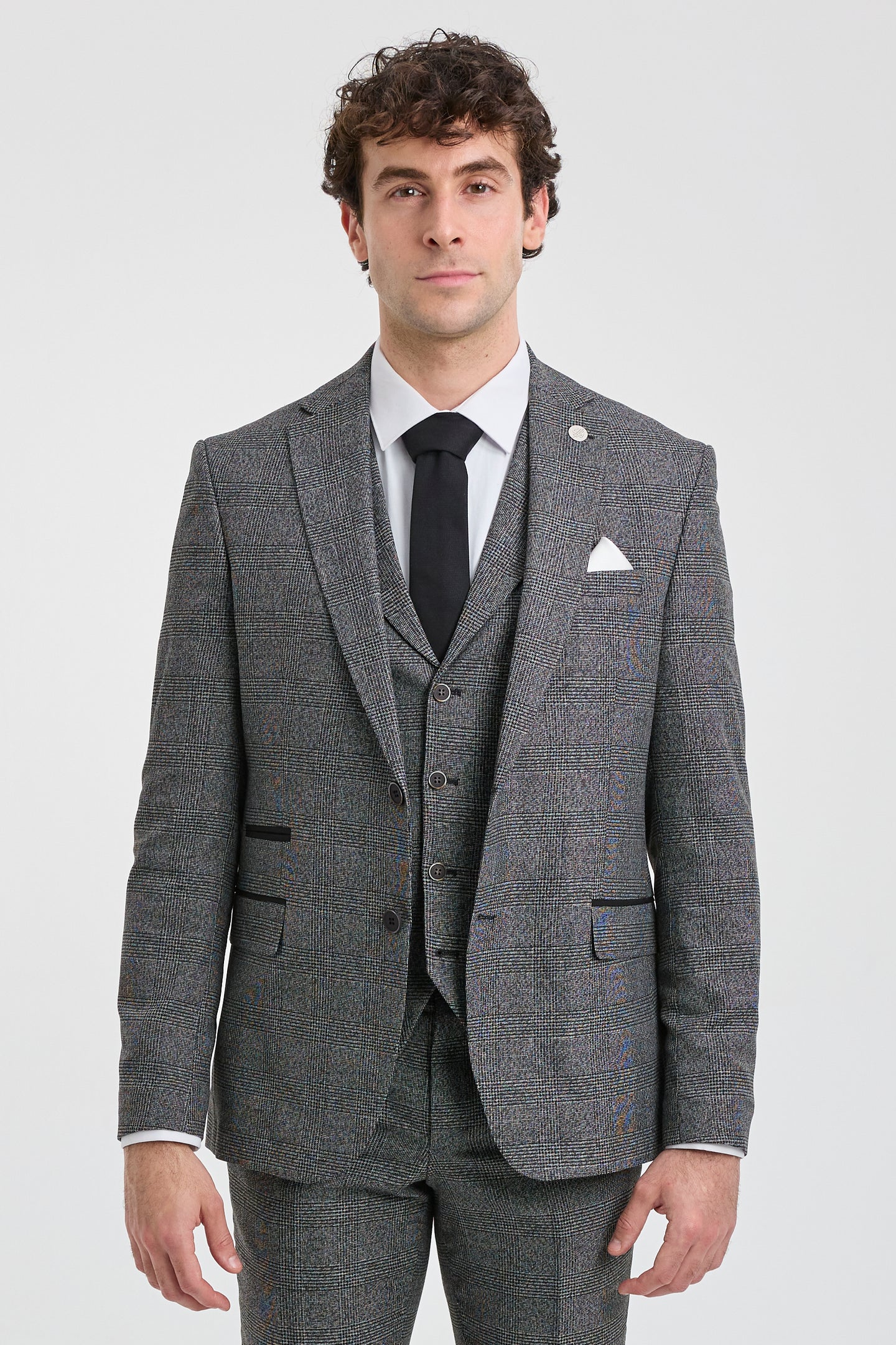 Traje de tres piezas para hombre, color gris con estampado de cuadros Glen.