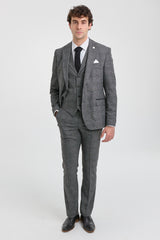 Traje de tres piezas para hombre, color gris con estampado de cuadros Glen.