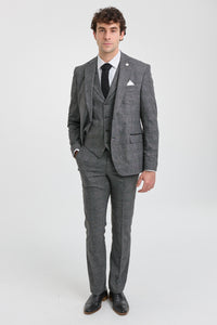Traje de tres piezas para hombre, color gris con estampado de cuadros Glen.