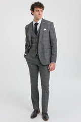 Traje de tres piezas para hombre, color gris con estampado de cuadros Glen.