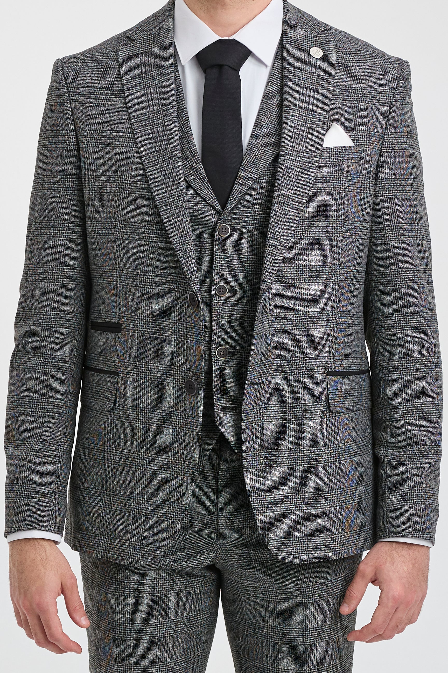 Traje de tres piezas para hombre, color gris con estampado de cuadros Glen.
