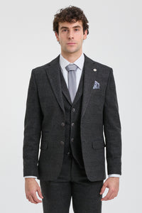 Traje de tres piezas para hombre, negro, con estampado de cuadros Glen.