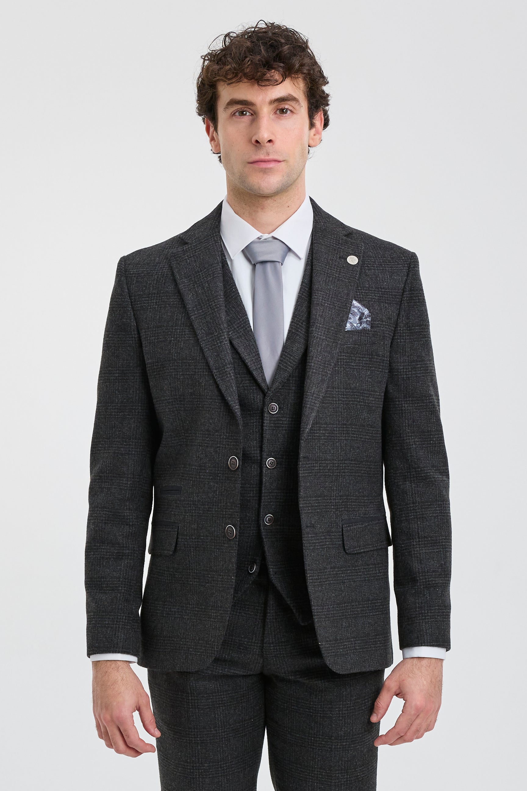 Traje de tres piezas para hombre, negro, con estampado de cuadros Glen.