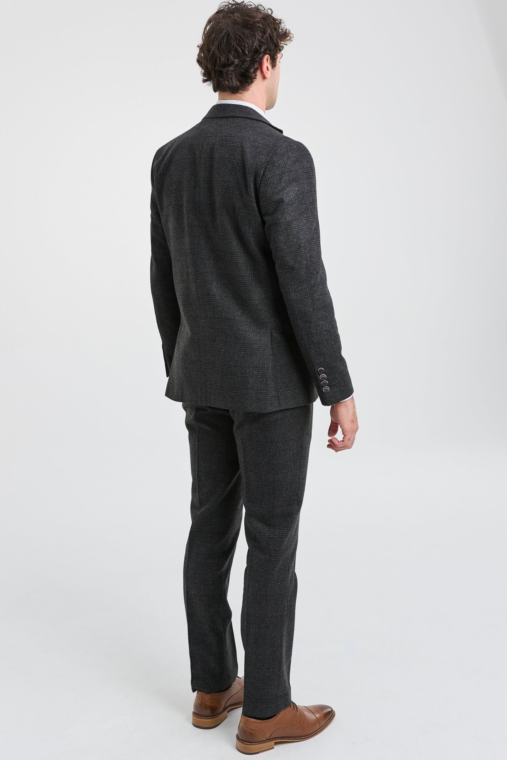 Traje de tres piezas para hombre, negro, con estampado de cuadros Glen.